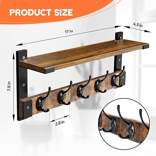 Oraich Wall Hooks with Shelf, Coat Rack Wall Mount for Coat Backpack Key Clothes Hanger, Wall Floating Shelf Hanging in Entryway, Living Room, Bathroom, Bedroom, Kitchen thumbnail 2