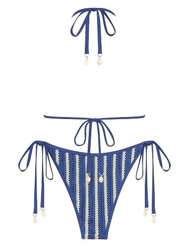 ZAFUL Women's Colorblock Stripes Triangle Halter Tied Cheeky Thong Bikini Set High Cut Two Piece Bathing Suit thumbnail 3