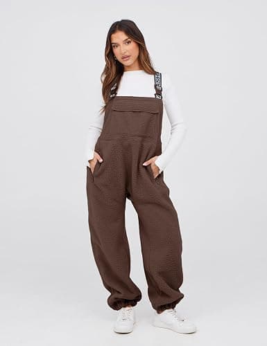SeekMe Womens Fleece Overalls 2025 Warm Winter Casual Loose Jumpsuits Sherpa Bib Overalls Fuzzy Ski Pants with Pockets thumbnail 3