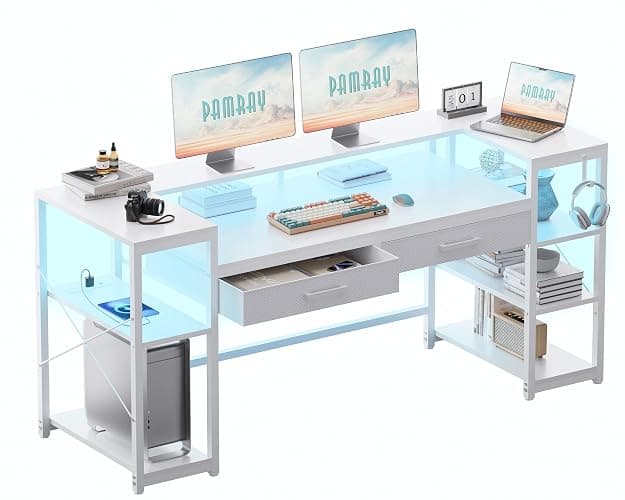Pamray 58 Inch Gaming Computer Desk with Monitor Stand Drawers and Shelves | Ample Storage， Large Table with LED Lights & Power Outlets & USB Ports, Sturdy, Suitable for Gaming Home Office Work Study thumbnail 3