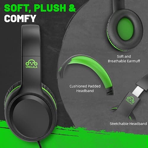 UKELALA Green Wired Headphones for Boys Portable On Ear Youth Headphones for School Airplane Travel Lightweight Portable Compatible with Pad Computer Laptop for Adults Student Children Girls Kids thumbnail 2