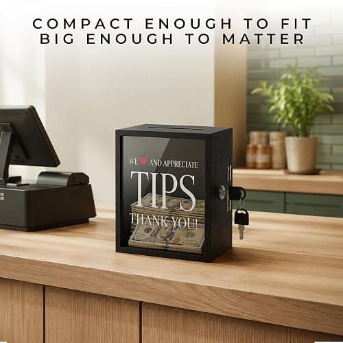 Tips Jar with Lock and Key for Restaurants Bartender Musicians — Wooden Tip Box 6x4¾x7¾ Inch, Money Coin Cash Collection Container for Bars Drivers Donation Raffle thumbnail 6