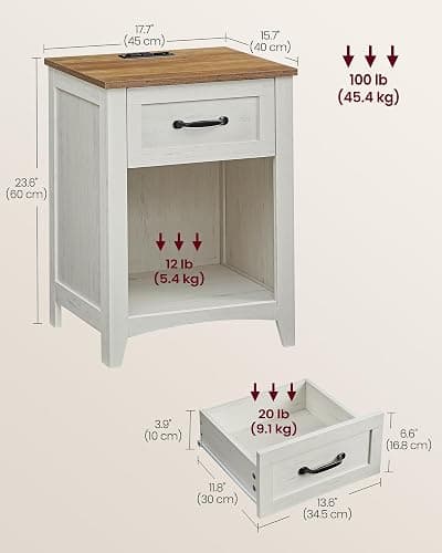 VASAGLE LIRY Collection - Farmhouse Nightstands with Charging Station, Set of 2 Bedside Tables, Side Tables with Drawer, Open Compartment, for Bedroom, Rustic White and Honey Brown ULET859K41 thumbnail 3