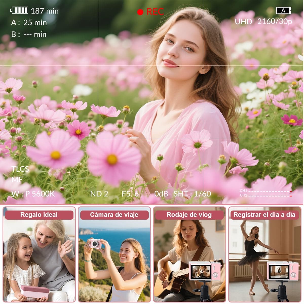 Cámara Digital 4K, Cámara Compacta HD 1080P 48MP，con Zoom de 8X, Enfoque Automático, Tarjeta de 32 GB, Pantalla Abatible de 2,4 Pulgadas,Adecuada para Estudiantes, Fotografía de Viajes y Vlogs (Rosa) thumbnail 8