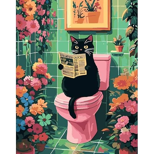 Black Cat Paint by Number Kits for Adults, Cat Sit on Toilet Adult's Painting by Numbers on Canvas, DIY Flowers Acrylic Watercolor Oil Colorful Art Crafts for Adults 16 * 20in - Image 1