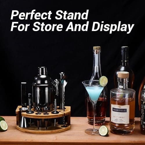 Cocktail Shaker Set Bartender Kit with Stand, 12 Piece Bar Set Drink Mixer Set with Stainless Steel Bar Accessories Tools: 25oz Martini Shaker Jigger Strainer Spoon Muddler for Cocktails (Black) thumbnail 4
