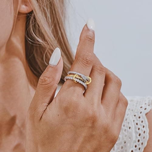 AllenCOCO 14K Gold Plated Stackable Rings, 3 Ring Set with CZ Cubic Zirconia, Gold & Silver Stacked, Interlocking Band for Women Statement thumbnail 4