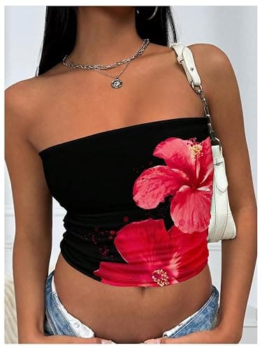 MakeMeChic Women's Blue Tube Tops Floral Summer Crop Backless Hawaiian Top | Strapless, Backless, Sleeveless, Going Out Tops, Concert Outfits, Summer, Y2k, Bandeau Top for Women thumbnail 2
