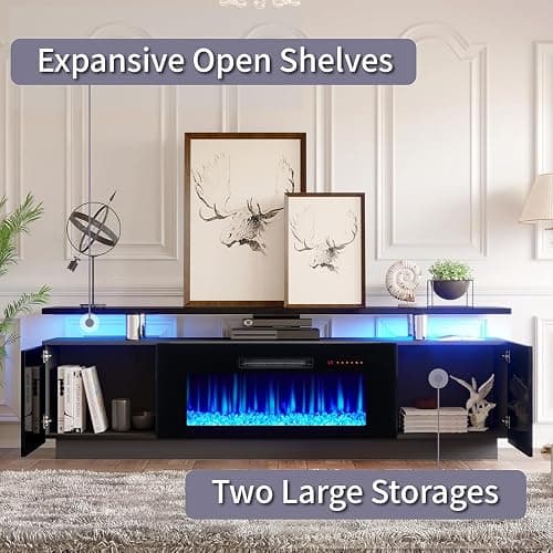 AMERLIFE Fireplace TV Stand with 36" Fireplace, 70" Modern Fireplace Entertainment Center LED Lights, 2 Tier TV Console Cabinet for TVs Up to 80", Obsidian Black thumbnail 4