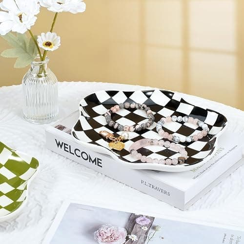 Koythin Jewelry Tray, Ceramic Jewelry Dish Trinket Tray Organizer, Checkered Pattern Aesthetic Decorative for Kitchen, Bathroom (Black and White Checkerboard) thumbnail 7