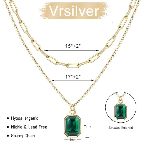 Vrsilver Layered Birthstone Necklace for Women Girls, 14K Gold-Plated Paperclip Chain Choker Necklace with Rectangle Birthstone Pendant Birthday Gifts for Women Girls Dainty Small thumbnail 6