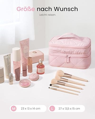 LOVEVOOK Kulturtasche Damen, Doppellagiger Puffer Kosmetiktasche Groß Kulturbeutel, Reise Leicht Make up Tasche mit Tragegriff, wasserdichte Schminktasche Waschtasche Kosmetikkoffer für Reisen, Rosa thumbnail 5