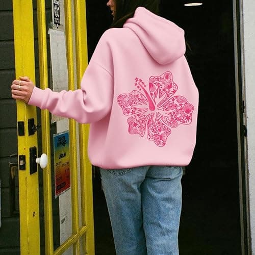 Lubpow Womens Cute Pink Flower Hoodie Aesthetic Preppy Hawaiian Hibiscus Sweatshirt Casual Puff Graphic Hoodies Pullover Tops thumbnail 3
