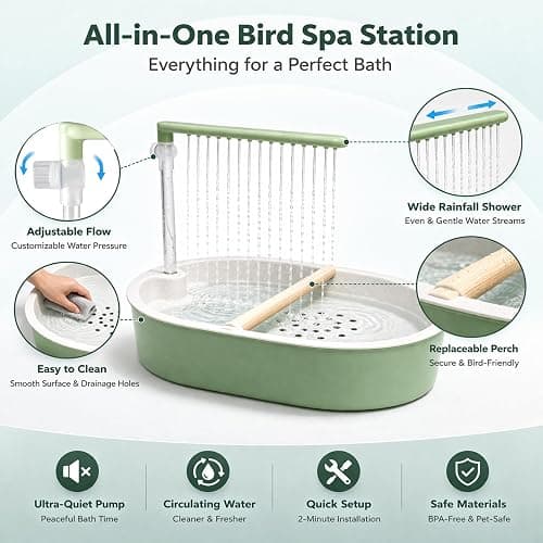 Indoor Bird Bath Fountain, Dual Rainfall Parrot Shower with Anti-Clog Pump & Filter Sponge, Adjustable Water Flow, Natural Beech Wood Perch, Bird Shower Spa for Parakeet, Cockatiel, Lovebird thumbnail 2