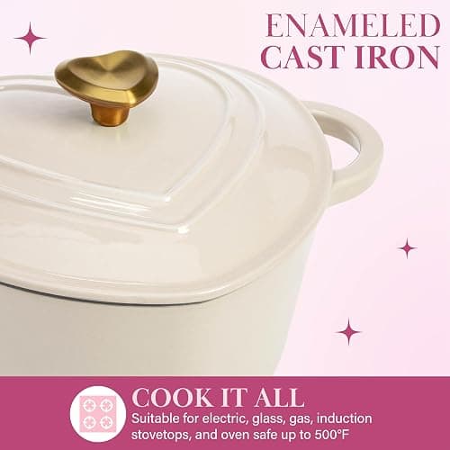 Paris Hilton Enameled Cast Iron Dutch Oven Heart-Shaped Pot with Lid, Dual Handles, Works on All Stovetops, Oven Safe to 500°F, 4-Quart, Cream thumbnail 3