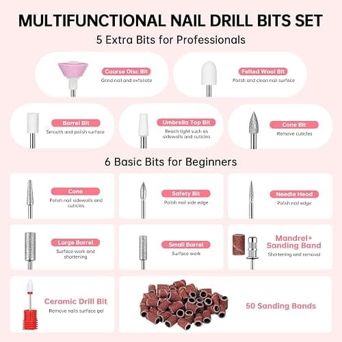 Nail Drill Professional 35000RPM Sparkling Portable efile with 12 Drill Bit | Rhinestone | 1800mAh Type-C | Stepless Speed Regulation | Low Noise & Low Vibration | Manicure Pedicure | Pink thumbnail 9