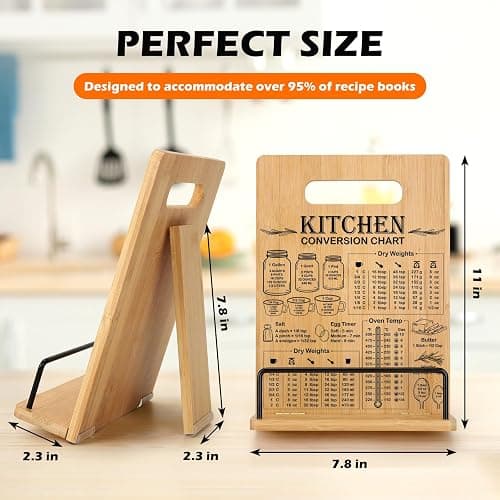 Bamboo Cookbook Stand for Kitchen Counter, Adjustable Recipe Book Holder | Cookbook Holder with Measurement Conversion Chart, Essential Accessories Women Gift for Birthday Christmas Cooking Lover thumbnail 3