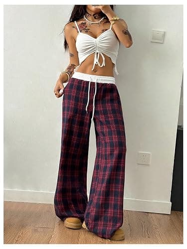 SOLY HUX Women's Plaid Checkered Pants Flannel Pajama Pants Lounge Wide Leg Baggy Sweatpants with Pockets thumbnail 5