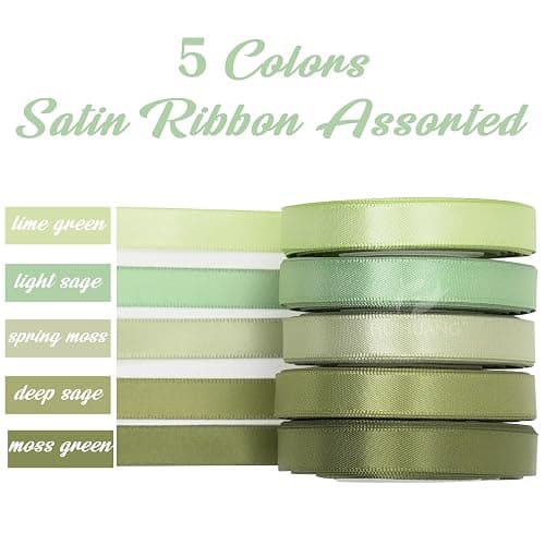 HUIHUANG Sage Green Assorted Satin Ribbon 3/8 inch x 50 Yards - 5 Colors, Perfect for Wedding Decor, Gift Wrapping, Crafts & More thumbnail 3