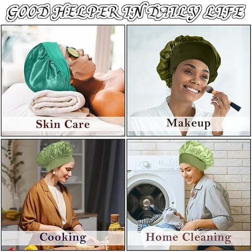4Pcs Satin Bonnet Silk Bonnet, Hair Bonnet for Sleeping, Elastic Wide Band Silk Sleep Cap, Shower Cap Soft and Breathable (Green Series) thumbnail 6
