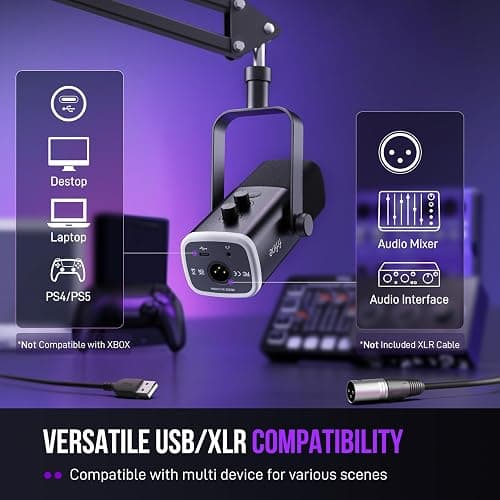 FIFINE XLR/USB Gaming Microphone Set, Dynamic PC Mic for Streaming Podcasting, Computer RGB Mic Kit with Boom Arm Stand, Mute Button, Headphones Jack, for Recording Vocal Voice-Over-AmpliGame AM8T thumbnail 7