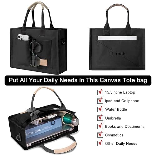 Tote Bags for Women Canvas Tote Purse Crossbody Bags with Pockets Top Handle Shoulder Handbags Satchel Bags for Women - Black thumbnail 4