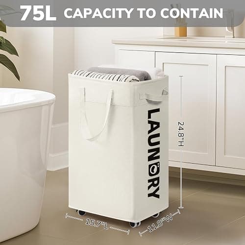 Goodpick Laundry Hamper with Wheels, 75L College Dorm Room Essentials, Clothes Hamper with Removable Wash Bag for Bedroom, Large Laundry Basket with Handle, White thumbnail 2