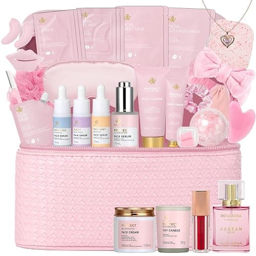 Rose Facial Skin Care Set, 33 Pcs Bath & Body Spa Basket for Women, Beauty Care Kit, Sheet Mask, Makeup Bag, Face Serum, Bath Bomb, Perfume, Christmas, Mother Day, Valentine's, Birthday, Baby Shower - Image 1