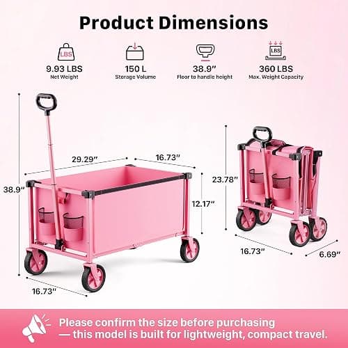 Hombetta Collapsible Wagon Cart with Wheels, 150L Lightweight Foldable Utility Cart, Portable Rolling Wagon for Garden, Shopping, Sports, Camping, Transport, Pink thumbnail 3