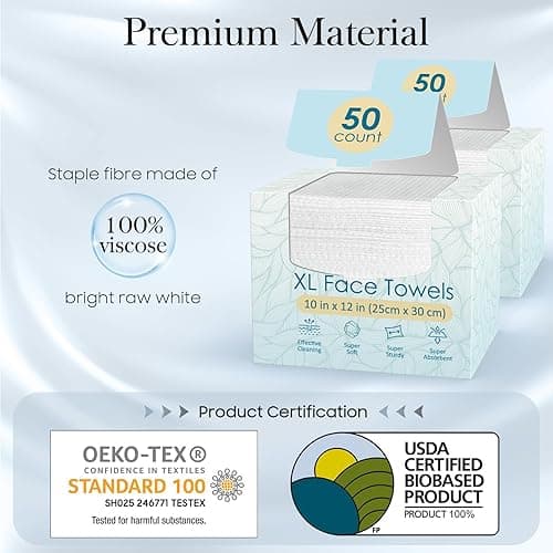 Fygrip 100 Count (2 Box) XL Disposable Face Towels 10” x 12”, 100% Viscose Fibre, Soft & Skin Friendly Face Towelettes Disposable, Facial Tissue Wipes for Women Cleansing - 50 Count (Pack of 2) thumbnail 2