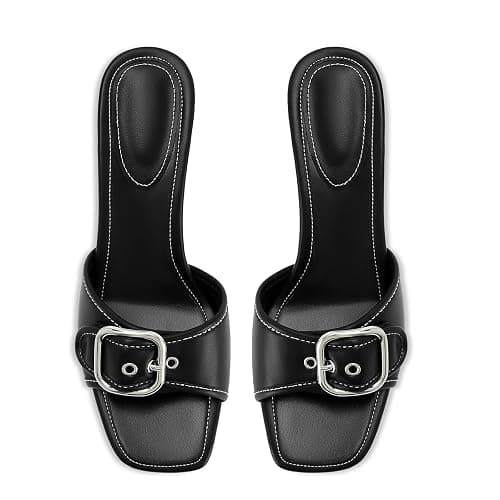 Dsevht Black Kitten Heel Sandals Stiletto Low Heels Slip On Slides Mule Sandal Square Open Toe Dress Shoes for Women thumbnail 4