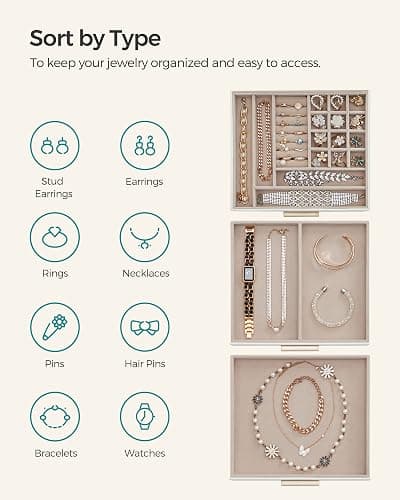 SONGMICS Jewelry Box Organizer, 3-Layer Storage with 2 Drawers, Glass Lid | Jewelry Organizer for Earrings, Modern Style, 8 x 9.1 x 5.3 Inches, Cloud White and Gold, GISELLA Collection UJBC239WT thumbnail 4