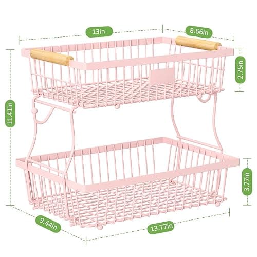 Astrorhine 2 Tier Fruit Basket for Kitchen Counter with 2 Banana Hangers, Countertop Metal Fruit Bowl with Wooden Handle, Large Storage Stand for Vegetables, Snacks, Breads, Produce Storage – Pink thumbnail 3