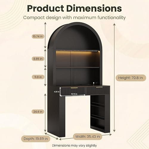 ZKIODV Arched Writing Desk with Hutch, Home Office Desk with 2 Drawers, Secretary Desk with Outlets, 3 Color LED Lights, Open Shelves, Computer Desk for Small Space, Bedroom 35.4" W x 70.8" H (Black) thumbnail 2