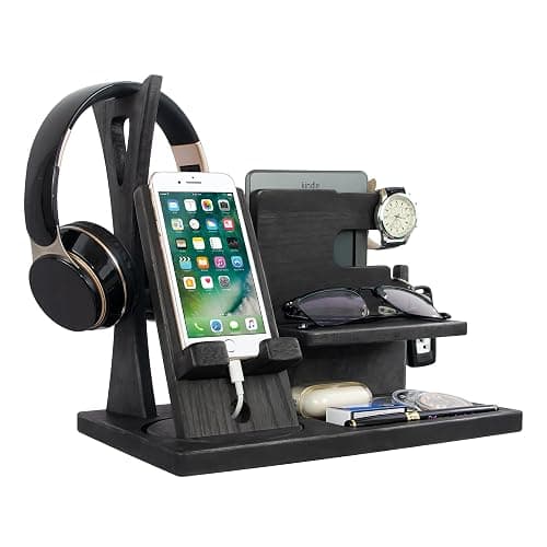 Gift for Men Nightstand Organizer with Headphone Stand & Rotating Phone Stand, Stylish Headphone Holder to Keep Desk Accessories for Men Organized, Unique Dad Birthday Gift, Gifts for Boyfriend - Image 1