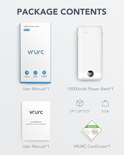 VRURC Portable Charger Built-in Cables and AC Wall Plug, USB C Power Bank 10000mAh, Travel Essentials Phone Charger Compact Lightweight External Battery Pack for Smart Phones, Tablets etc-White - White thumbnail 8