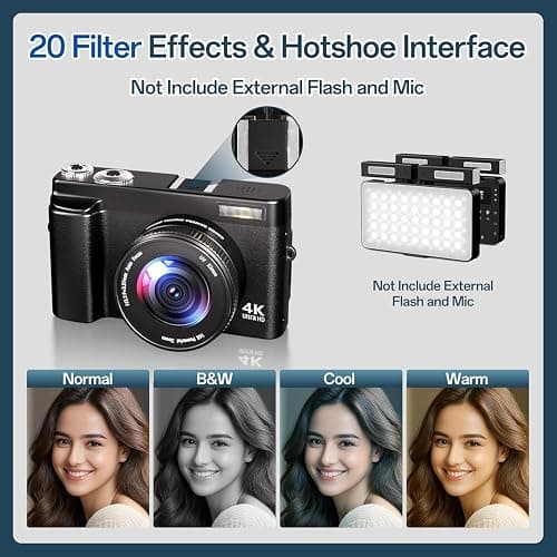 Digitalkamera 4K, 16X Autofokus Digitalzoom Kamera, 48MP 3 Zoll 180° Klappbarer LCD-Bildschirm HD Kompakte Vlog Kamera mit Ladestation, 2 Akkus, 32GB Karte, Geeignet für Anfänger, Kinder thumbnail 6