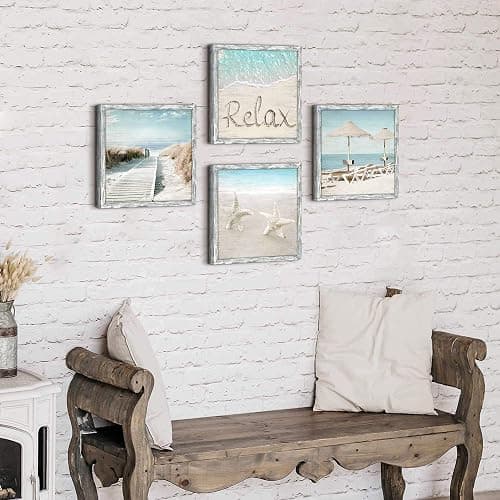Ocean Framed Wood Wall Art: Beach Picture Seascape Artwork Coastal Prints Starfish Boardwalk Art Collection Wall Decor Set of 4 for Bathroom thumbnail 2