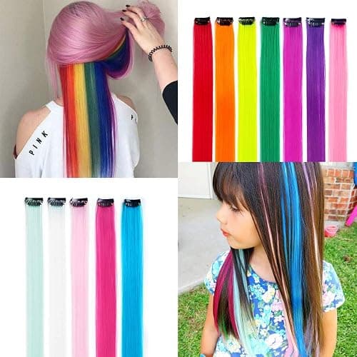 KGBFASS 32Packs Colored Hair Extensions 20Inch Straight Color Clip in on Hair Extension Rainbow Party Highlights Synthetic Hairpiece for Girls (16 colors) - Rainbow color-32Pcs thumbnail 7