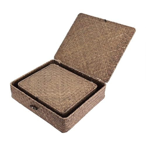 Hipiwe Set of 2 Flat Woven Wicker Storage Bins with Lid Natural Seagrass Basket Multipurpose Home Boxes for Shelf Organizer (Coffee) thumbnail 4
