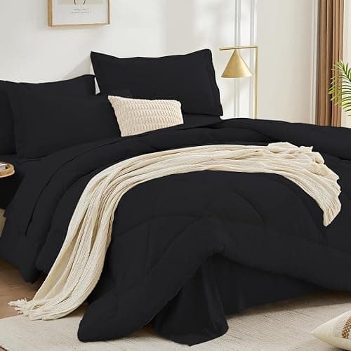 FUANNA 7 Pieces Full Size Comforter Sets, All Season Bedding Sets Full Size, Luxury Soft Bed in a Bag with Comforter, Flat Sheet, Fitted Sheet, Pillowcases & Pillow Shams, Black - Image 1