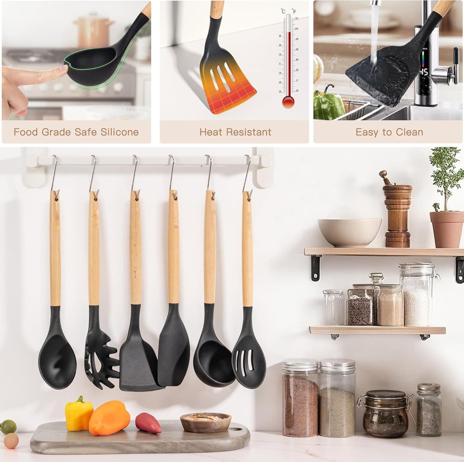 Kitchen Utensils Set- 44 Pcs Silicone Cooking Utensils Set for Nonstick Cookware-Silicone Spatulas Set, Stainless Steel Handle-Black Kitchen Gadgets Tools, Pots and Pans Accessories thumbnail 4