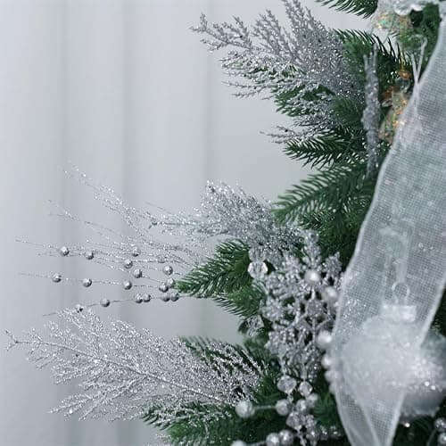 Christmas Glitter Stems 24pcs Artificial Pine Tree Picks for Christmas Tree Ornaments fillers, DIY Xmas Wreath, Crafts, Garland, Holiday, Party, Wedding and Home Decoration (Silver) thumbnail 5