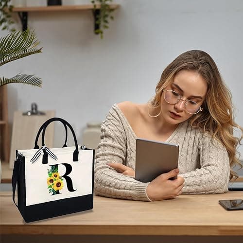 Sunflower Tote with Zipper Pocket, 13oz Monogram Tote Bags for Women, Birthday, Christmas, Teacher Gifts - R thumbnail 7