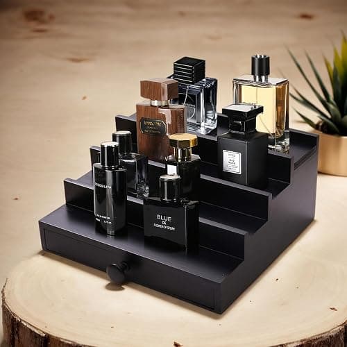Fengligoo Black Cologne Organizer for Men - 4 Tier Wooden Perfume Display Stand with Drawer and Hidden Compartment for Organizing and Storing, Cologne Holder Shelf for Dresser thumbnail 7