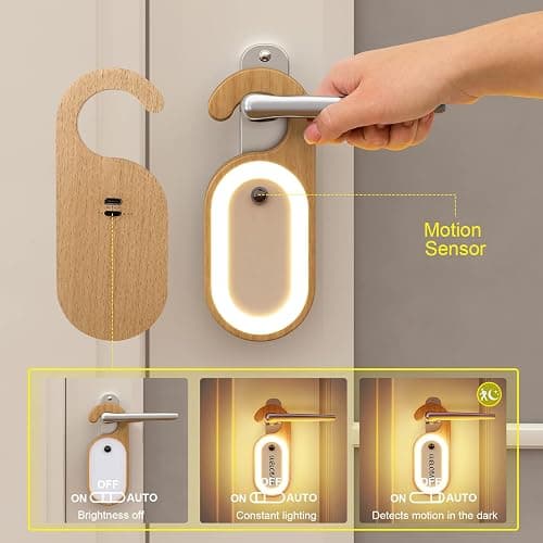 Leapair Wooden Message Memo Motion Sensor Door Key Night Light, Doorknob Board LED Door Lock Lamp, Rechargeable Doorhandle Warm Light Hook Design for Bedroom, Bathroom thumbnail 6