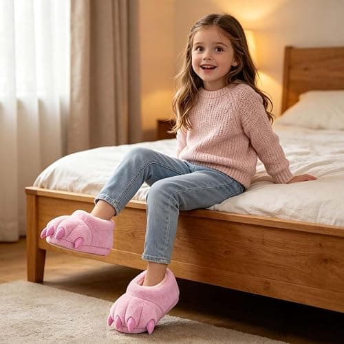 Kids Furry Paws Slippers Boys Girls Cute Funny Slipper Shoes 7-12Y | Plush Furry Monster Cat Paw Slipper Flannel Animal Claw Winter Boots Props Halloween Christmas Birthday Holiday Party Costume thumbnail 2