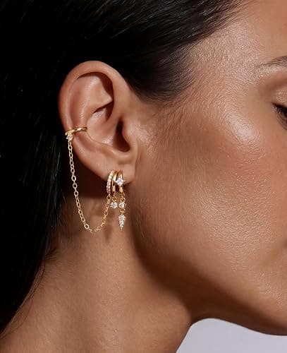 Triple Huggie Stacked Earrings for Women Gold Chain Drop Dangle Earrings Cute Statement CZ Earrings Trendy Dainty Jewelry Gift thumbnail 3