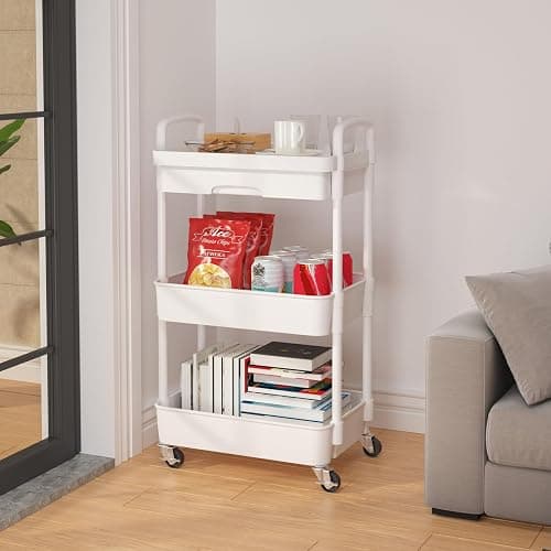 Calmootey 3-Tier Rolling Utility Cart with Drawer,Multifunctional Storage Organizer with Plastic Shelf & Metal Wheels,Storage Cart for Kitchen,Bathroom,Living Room,Office,White thumbnail 5