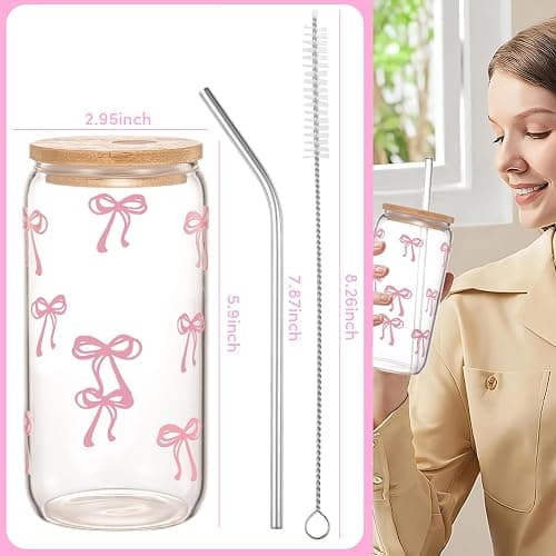 ANABIUP Coquette Cute Pink Bow Glass Cups with Lids and Straws, Aesthetic Iced Coffee Cup, Girly Preppy Design Tumbler Mug for Teen Girls Women Girlfriends Gifts thumbnail 3